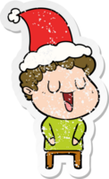 caricature d'autocollant en détresse en riant d'un homme portant un bonnet de noel png