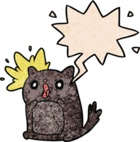 cartoon shocked cat amazed and speech bubble in retro texture style png
