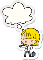 cartoon efficient businesswoman and thought bubble as a printed sticker png