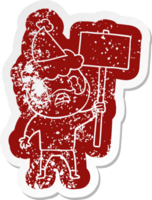 cartoon distressed sticker of a bearded protester crying wearing santa hat png