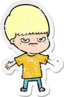 distressed sticker of a annoyed cartoon boy png