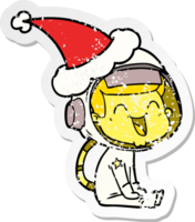 contento mano dibujado afligido pegatina dibujos animados de un astronauta vistiendo Papa Noel sombrero png