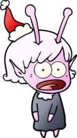 hand drawn gradient cartoon of a shocked alien girl wearing santa hat png