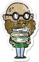 distressed sticker of a cartoon worried man with beard and stack of books png