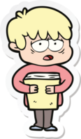 sticker of a cartoon exhausted boy holding book png