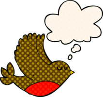 cartoon flying bird with thought bubble in comic book style png