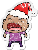 hand drawn distressed sticker cartoon of a shouting bald man wearing santa hat png