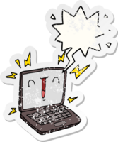 dessin animé portable ordinateur avec discours bulle affligé affligé vieux autocollant png