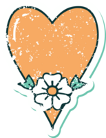iconic distressed sticker tattoo style image of a heart and flower png