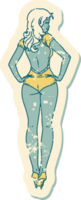 tatouage d'autocollant en détresse dans le style traditionnel d'une fille pin-up en maillot de bain png