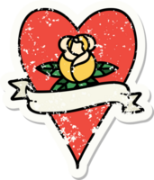 distressed sticker tattoo in traditional style of a heart rose and banner png