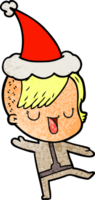 cute hand drawn textured cartoon of a girl with hipster haircut wearing santa hat png