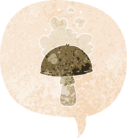 cartoon mushroom with spore cloud with speech bubble in grunge distressed retro textured style png