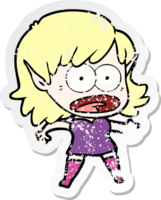 distressed sticker of a cartoon shocked elf girl png