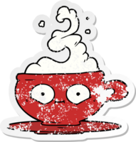 distressed sticker of a cartoon hot cup of coffee png