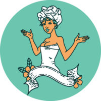 tatouage dans le style traditionnel d'une pin-up en serviette avec bannière png