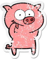 distressed sticker of a cheerful pig cartoon png