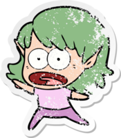 distressed sticker of a cartoon shocked elf girl png