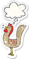 dibujos animados gallo con pensamiento burbuja como un afligido desgastado pegatina png