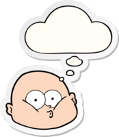 cartoon curious bald man with thought bubble as a printed sticker png