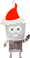 happy hand drawn retro cartoon of a robot waving hello wearing santa hat png