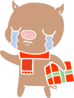 porco de desenho animado de estilo de cor plana chorando sobre o presente de natal png