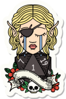 sticker of a sad elf rogue character face with natural one d20 roll png