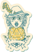 Retro Tattoo Style elf bard with natural twenty dice roll png