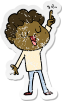 distressed sticker of a laughing cartoon man with great idea png