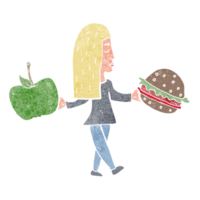 mujer de dibujos animados decidiendo comer sano png