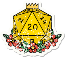 grunge sticker of a natural 20 D20 dice roll with floral elements png