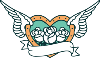 iconisch tatoeëren stijl beeld van een vliegend hart met bloemen en banier png