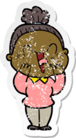 distressed sticker of a cartoon happy old woman png