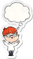 cartoon boy wearing spectacles with thought bubble as a distressed worn sticker png