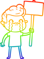 rainbow gradient line drawing of a cartoon man crying holding sign png