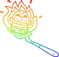 rainbow gradient line drawing of a cartoon burger cooking png