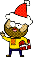 main tiré bande dessinée livre style illustration de une barbu homme avec présent portant Père Noël chapeau png