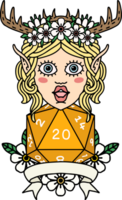 Retro Tattoo Style elf druid character with natural 20 dice roll png