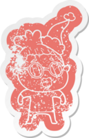 excentrique dessin animé affligé autocollant de une femme portant lunettes portant Père Noël chapeau png