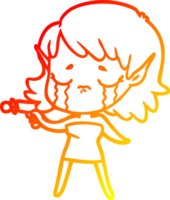 warm gradient line drawing of a cartoon crying elf girl png