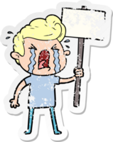 distressed sticker of a cartoon crying man png