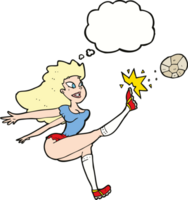 cartoon female soccer player kicking ball with thought bubble png