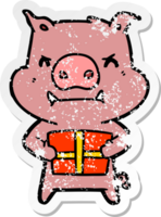 distressed sticker of a angry cartoon pig with christmas gift png