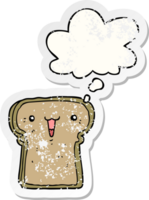 cute cartoon toast with thought bubble as a distressed worn sticker png