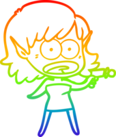 rainbow gradient line drawing of a cartoon shocked alien girl with ray gun png