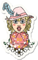 grunge sticker of a elf bard character with natural twenty dice roll png