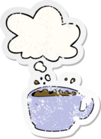 cartoon coffee cup with thought bubble as a distressed worn sticker png