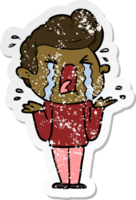 distressed sticker of a cartoon crying man png