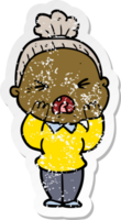 distressed sticker of a cartoon angry old woman png