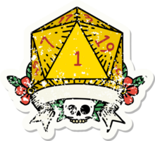 grunge sticker of a natural one d20 dice roll png